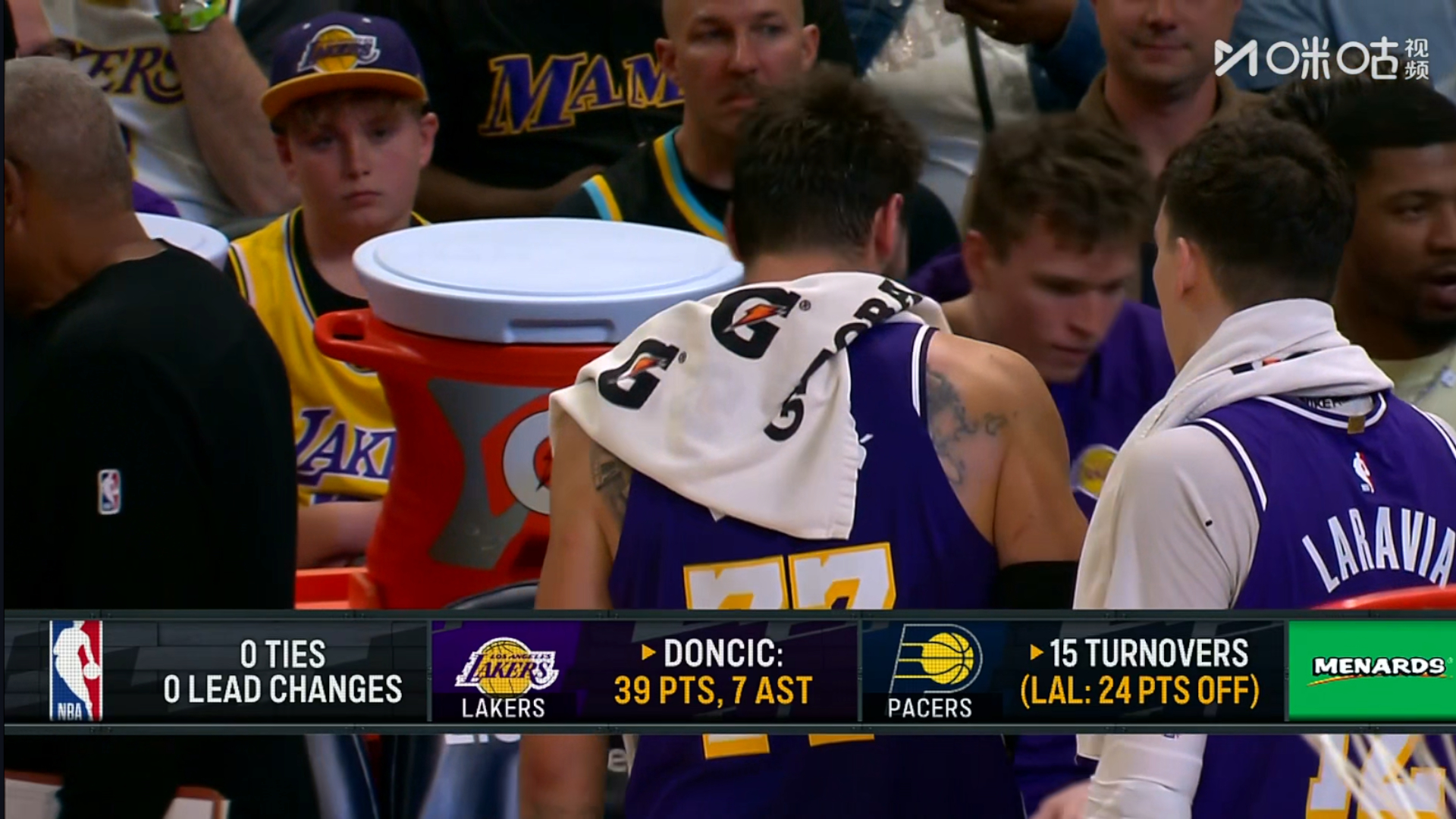 今天东契奇已经拿下39分5篮板7助攻，湖人三节从未落后过。湖人vs步行者