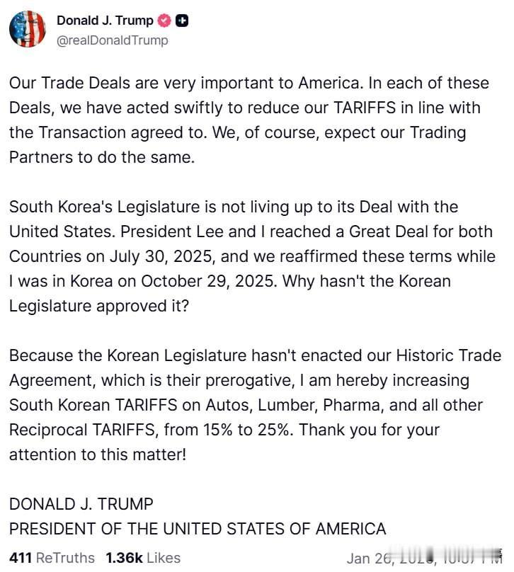 美国总统特朗普宣布，由于韩国立法机构未能批准两国贸易协议，美国将把对韩国商品的关