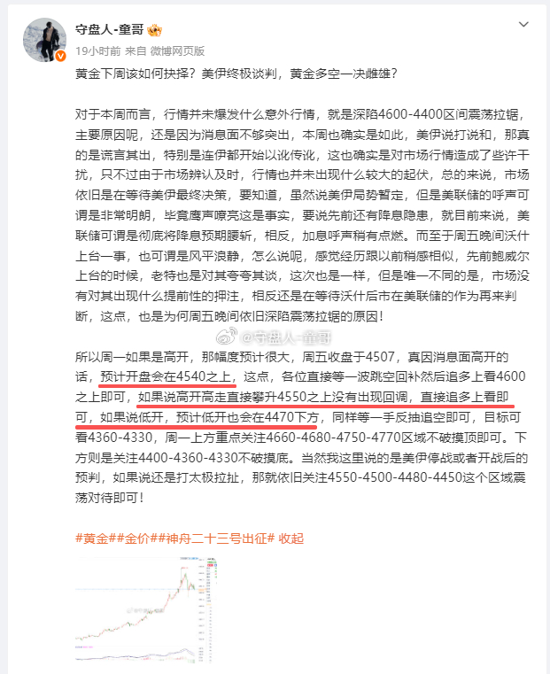 黄金4540多，抵达4567，斩获270点周末童哥给你们分析的周一开盘行情，你们