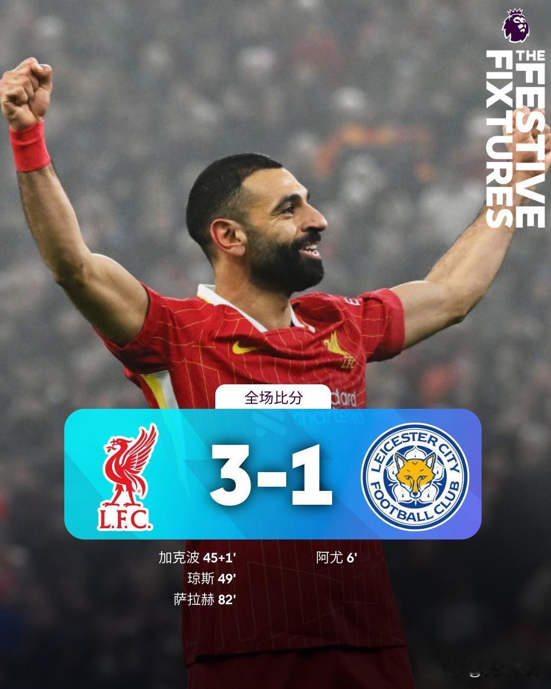 全场比分 | 利物浦 3-1 莱斯特城

⚽第6分钟，马维迪迪左路传中，阿尤禁区