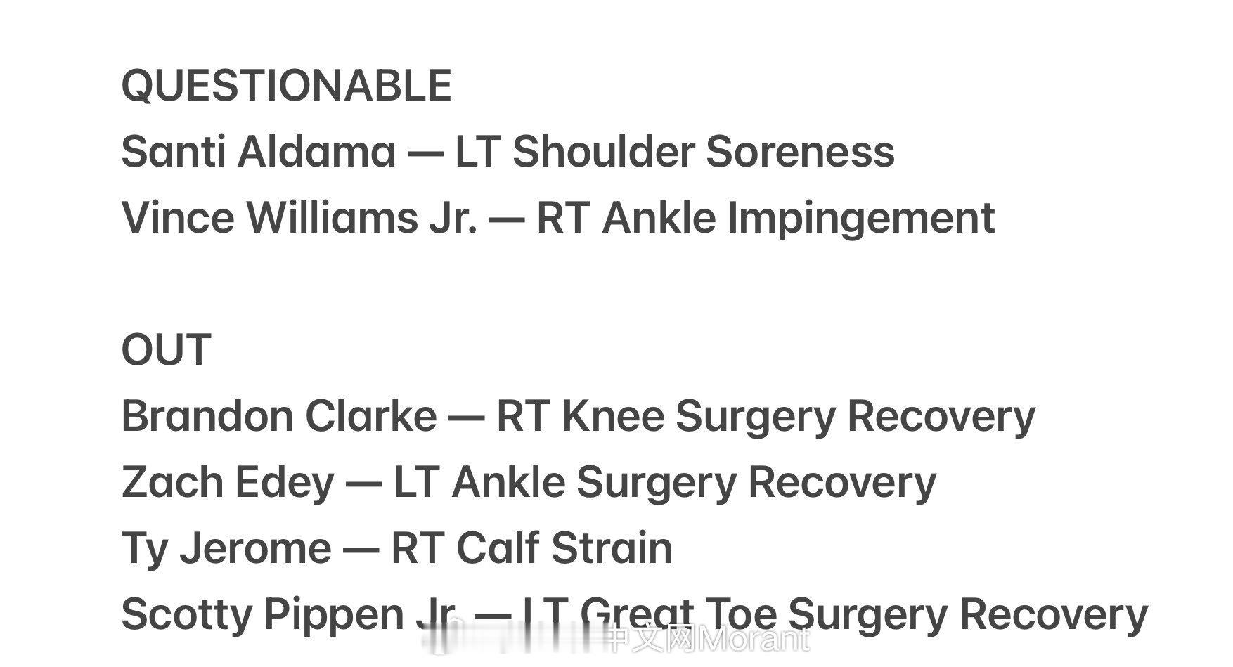 明日灰熊客场挑战太阳，二大妈和文斯出战成疑，其他几人依然out！太阳那边，杰伦-