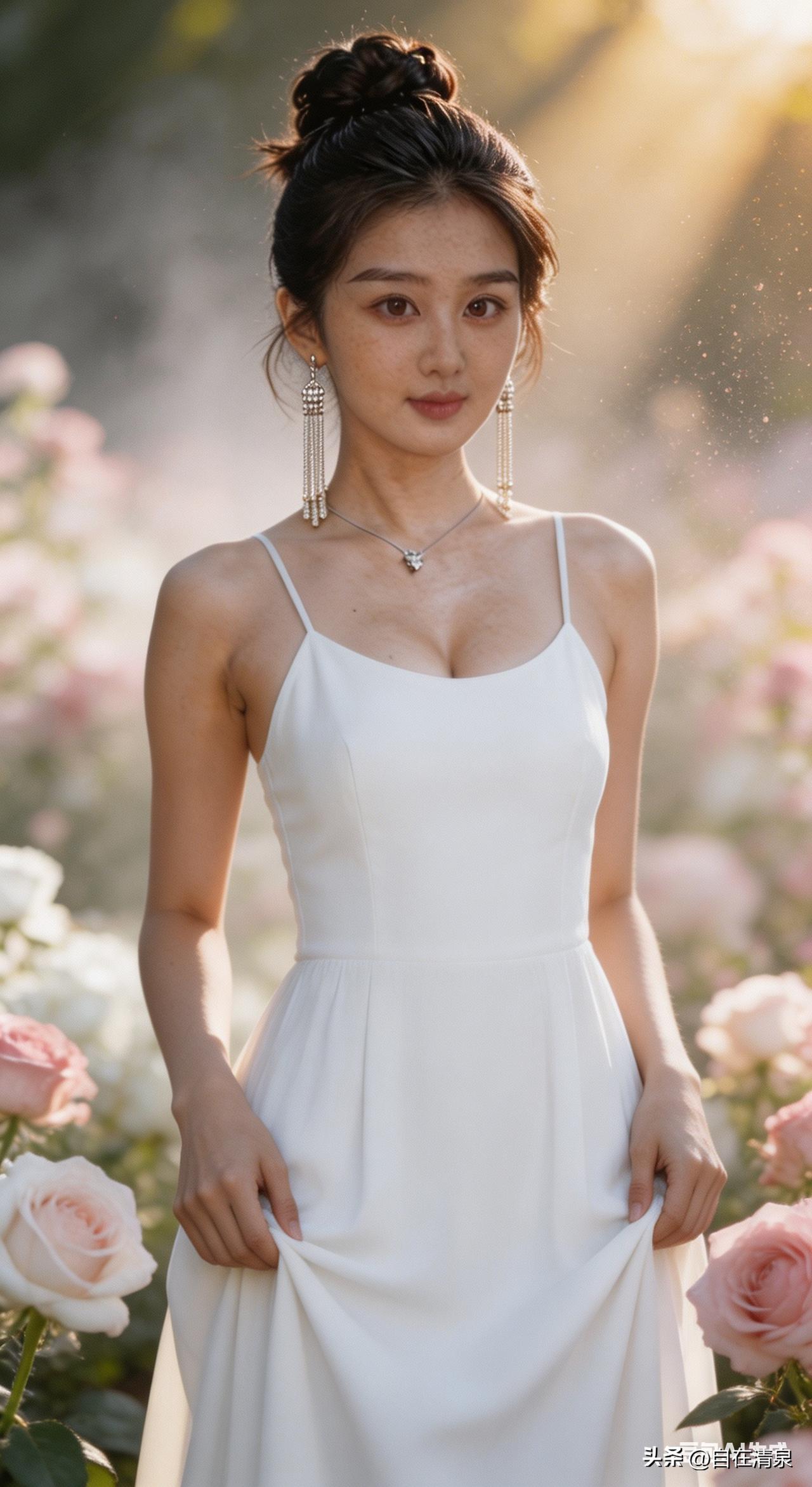 美女对花娇笑：“若不是我起晚了，哪轮得到你们争奇斗艳？”
忽飘落一花瓣贴脑门，她