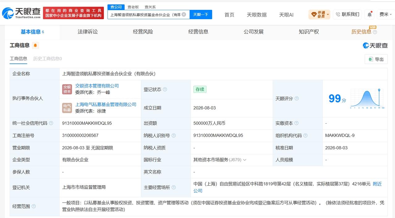 交银投资、上海电气等成立私募基金 出资额50亿

天眼查App显示，近日，上海智