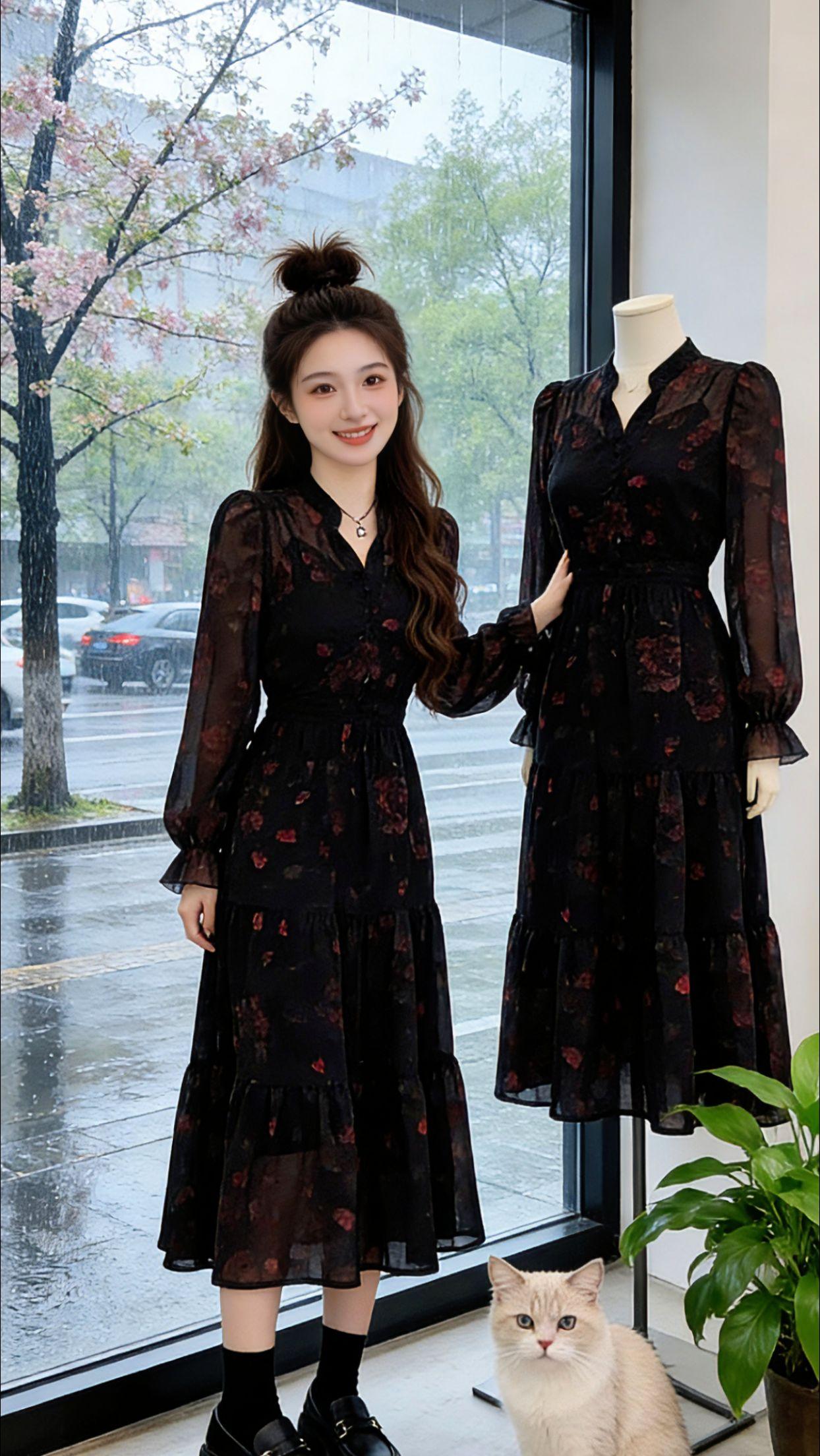 谁说微胖不能又美又飒？这条碎花裙就是为我们量身定制的！微透雪纺长袖温柔又防晒，收