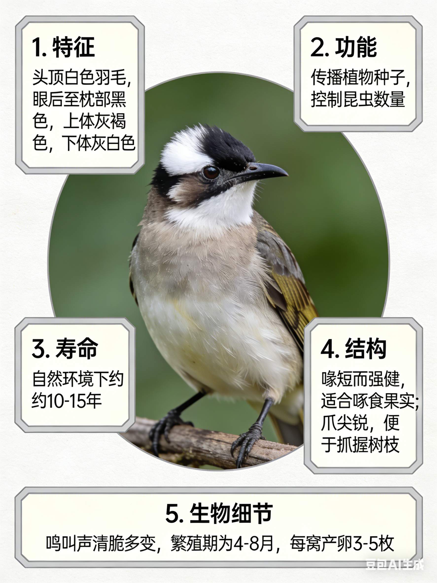 我AI的动物 宝子们快看！白头鹎闪亮登场啦！它脑袋顶着一撮白毛，就像戴了顶时尚小