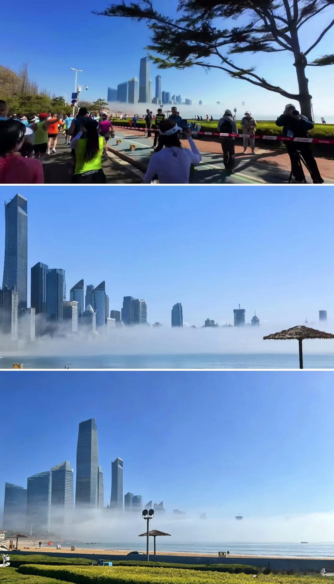 青岛已经够美了，再遇上平流雾、蓝天和阳光，跑马拉松的人高喊太美了，太漂亮了，仙境