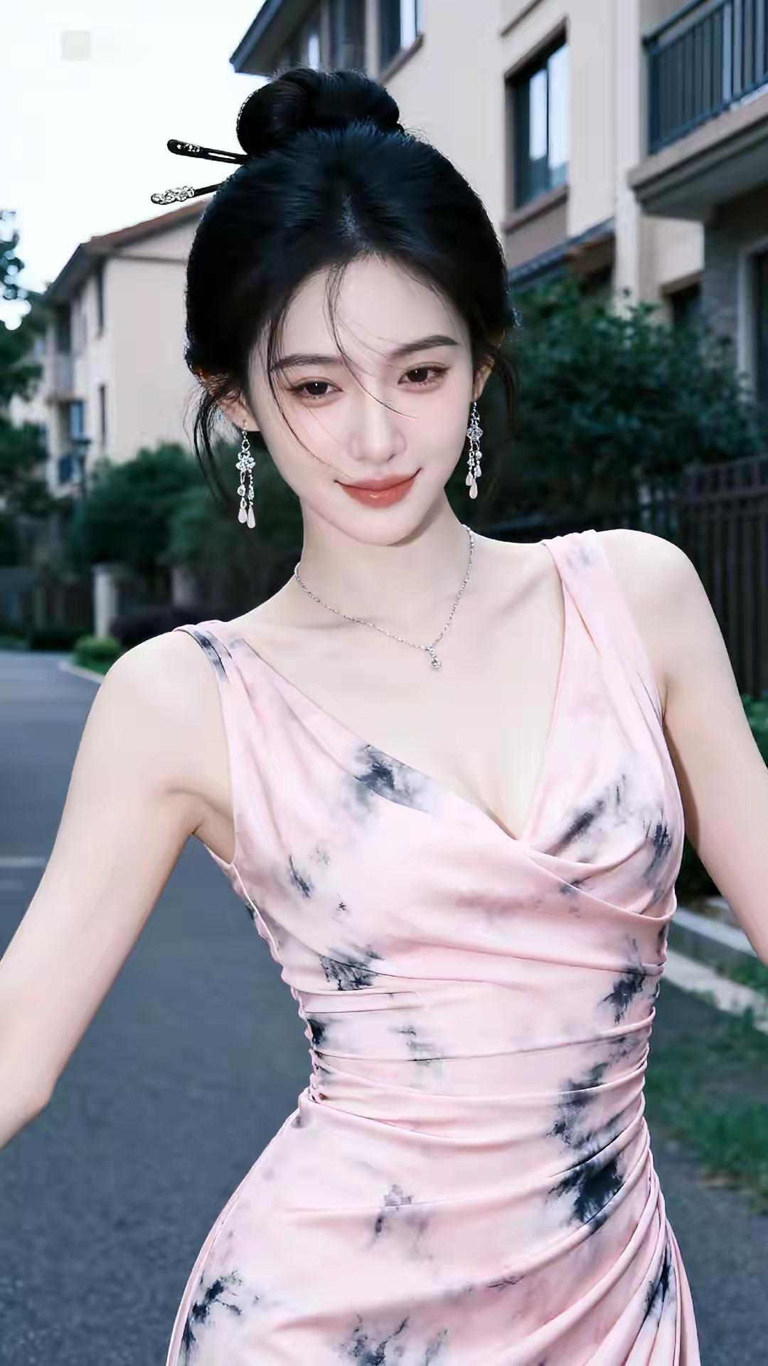 低胸粉墨裙+发簪！美女这造型，把纯欲风焊在审美上