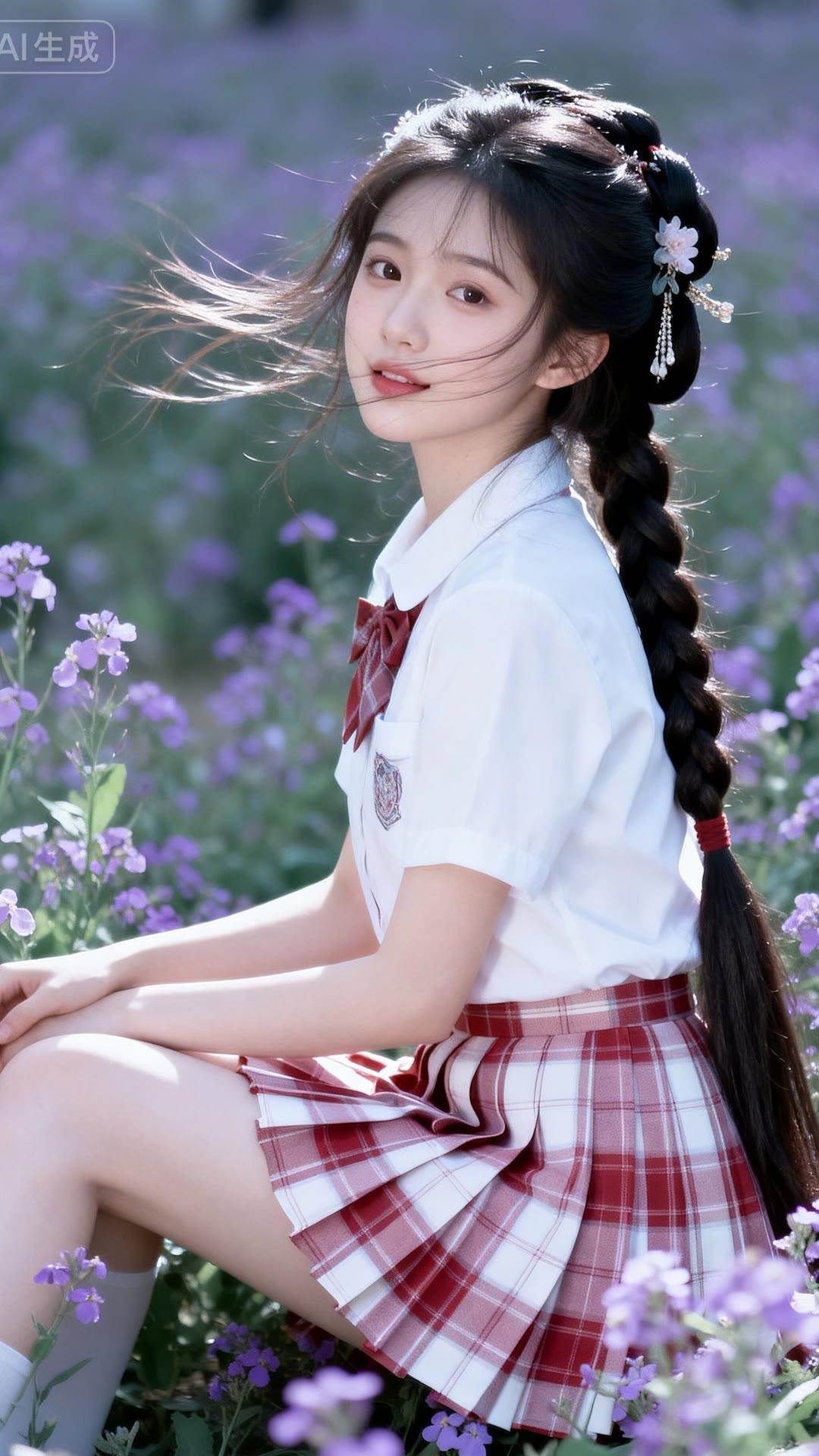 少女在花海中，甜美如梦，裙摆飘逸，宛如童话中的公主。