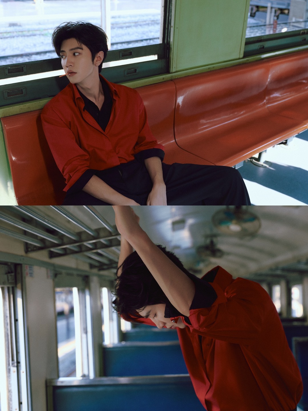 陈哲远今日出席代言品牌海外活动造型大片，红黑衬衫叠穿搭配高腰阔腿裤，佩戴Piag