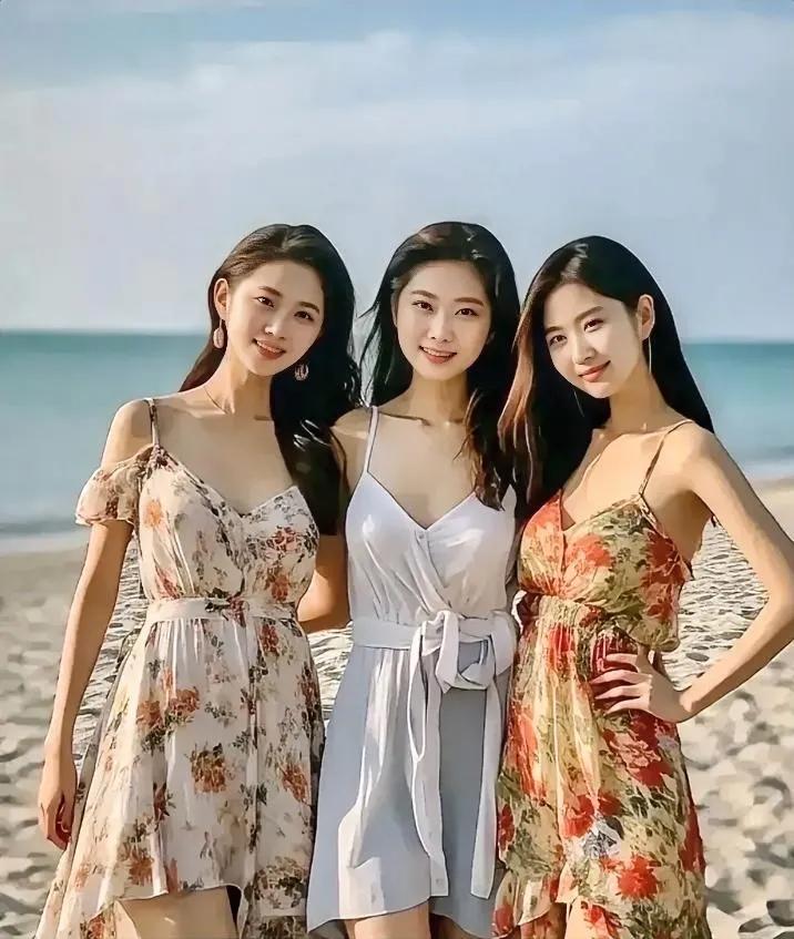 三姊妹海边玩耍，留下这张照片作为纪念。

这身材、颜值、气质，老夫要说都属于一流
