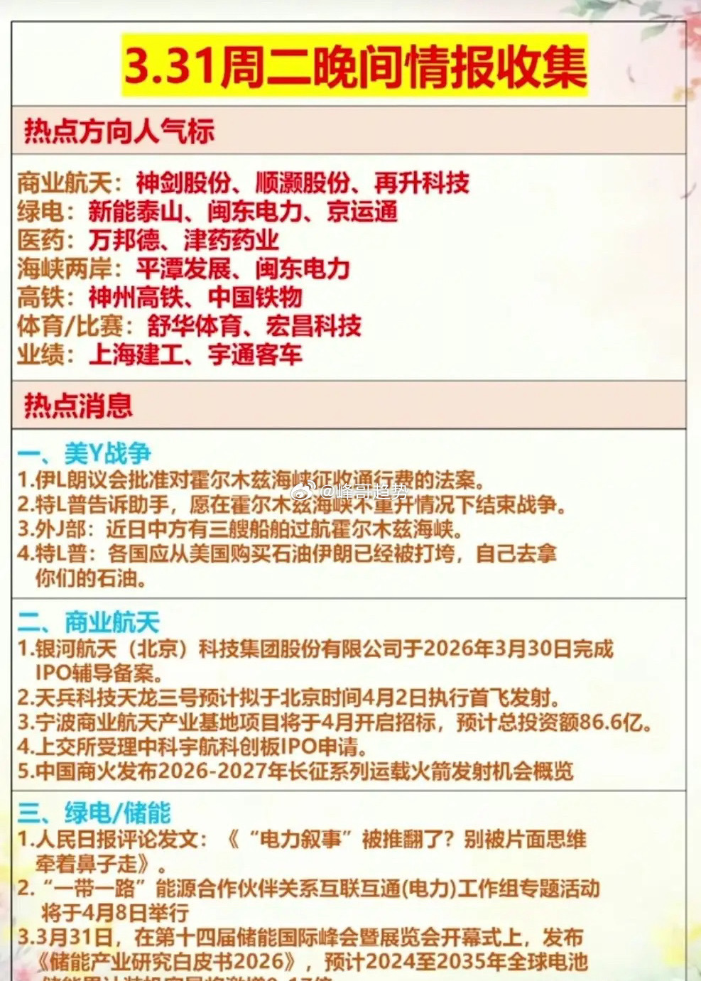 3月31日晚间市场重磅消息密集落地，从业绩预增潮、产业催化到热点题材发酵，多条主