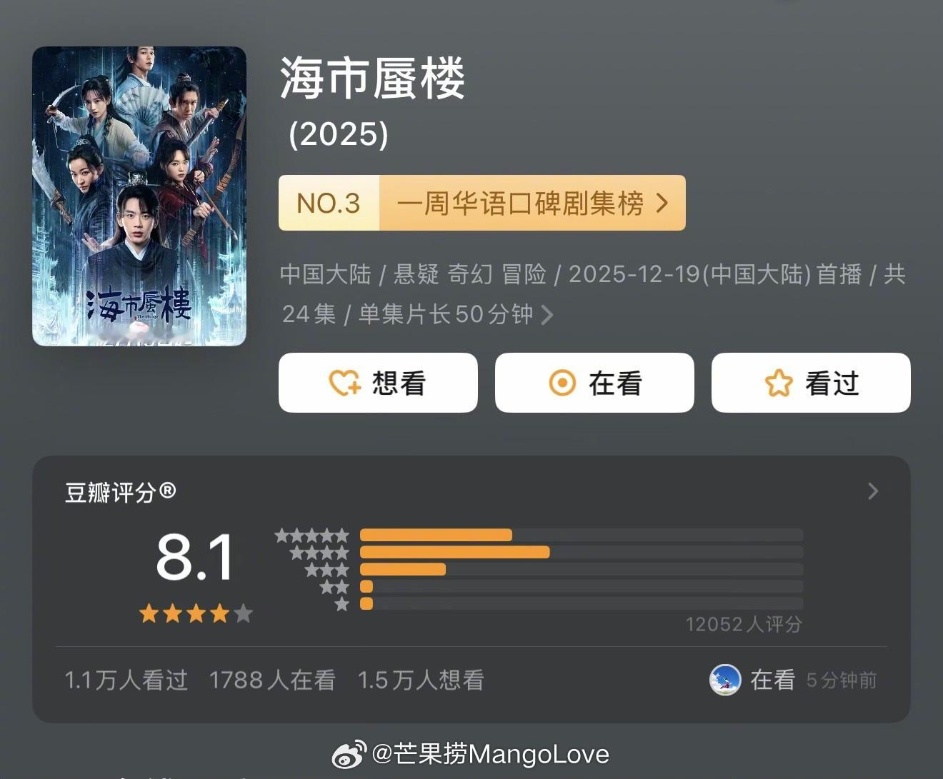 近期热播剧集豆瓣评分开分费启鸣 / 吕小雨 海市蜃楼 8.1分杨旭文 / 杨志刚