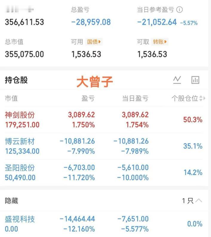 大曾子充值的8万三天亏光，龙头选手，昨天尾盘去追圣阳，今天被按地板，早上割了盛视