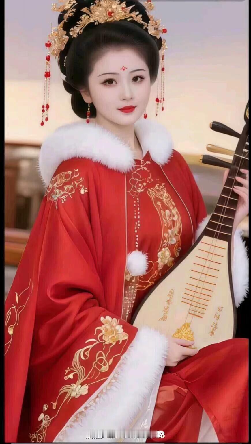穿越千年的古典美人，红衣华裳，古筝相伴，韵味十足。