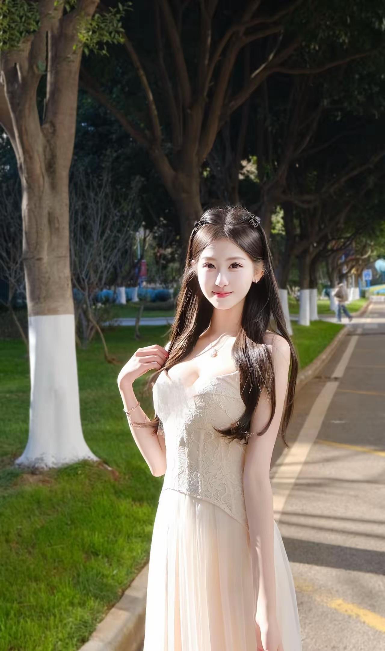 阳光下的甜美少女，漫步在绿意盎然的林荫小道。