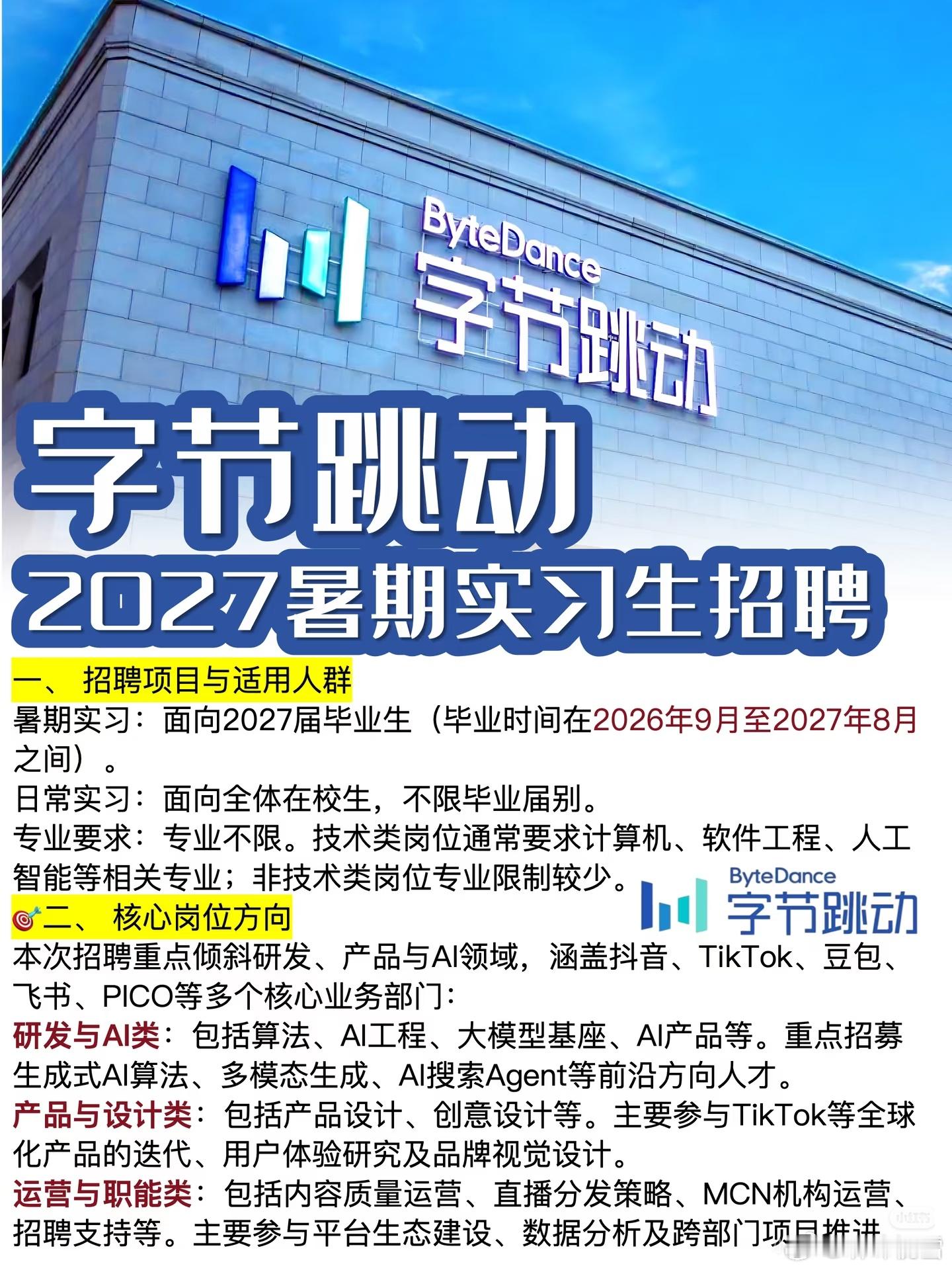 字节跳动招聘暑期实习生！日薪500元，包括AI 研发岗和运营岗！ 