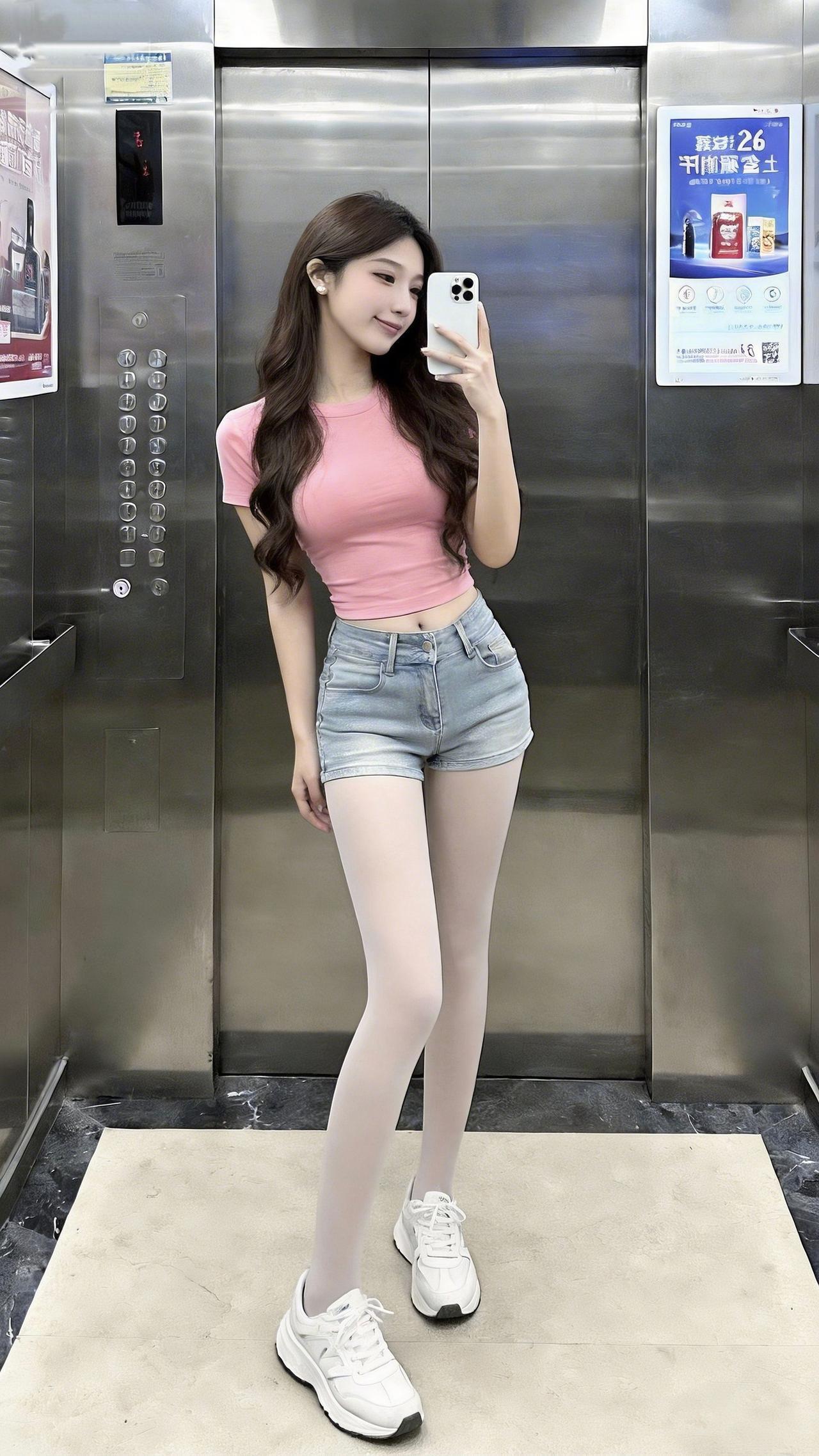 这种夏日甜飒风你们爱了吗？电梯间里，粉短T裹着软甜的元气，牛仔短裤一搭又藏了点辣