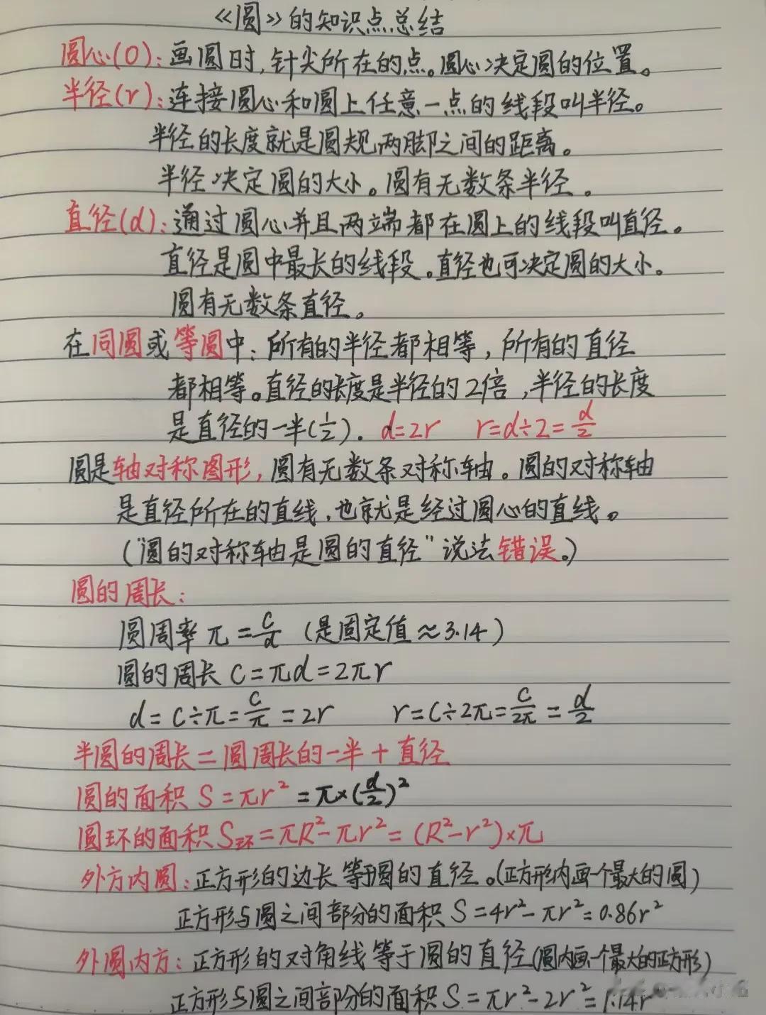 天啦，手写笔记太好了，这份小学数学《圆》的知识点总结以及圆的周长专训、应用题公式