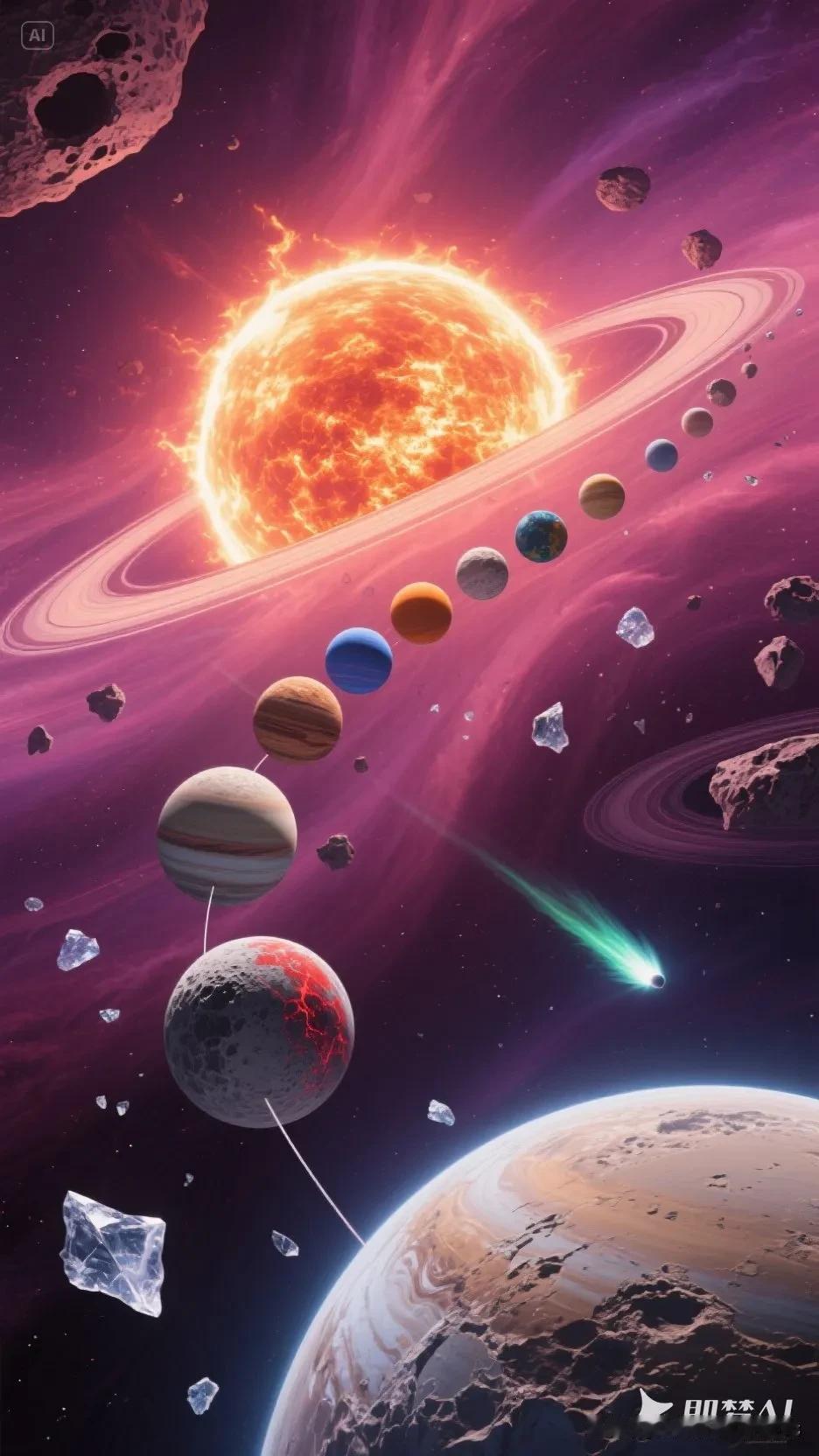 炽热太阳占据画面中心，八颗行星沿椭圆轨道规律排列，水星陨石坑与木星红斑清晰可见，