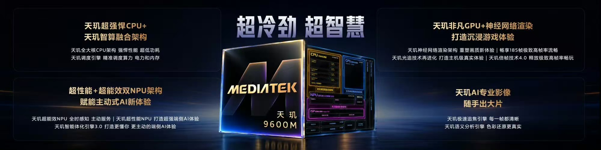 天玑9600家族还有天玑9600M。继承整套旗舰基因，全大核CPU、智算融合架构