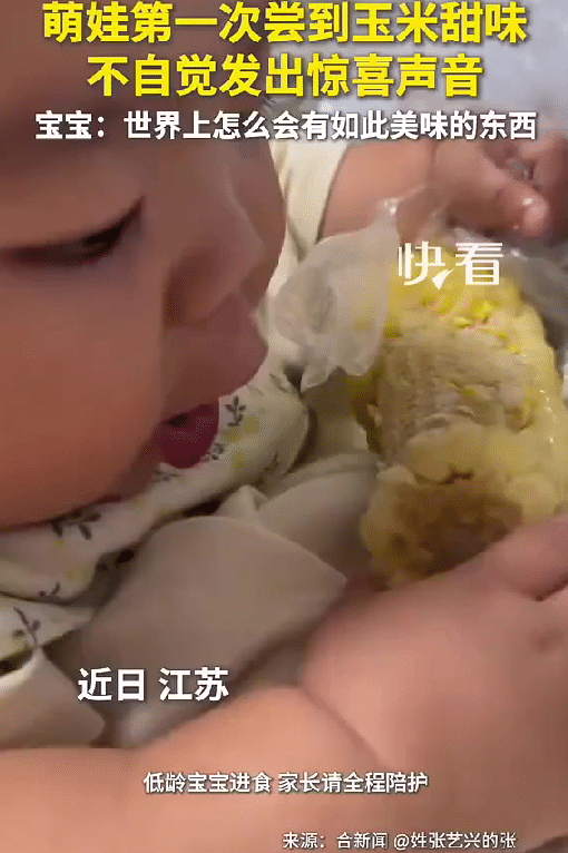 太治愈了！近日江苏，妈妈第一次给萌娃吃玉米，肉肉的手捧着比脸还大的玉米，一口咬下