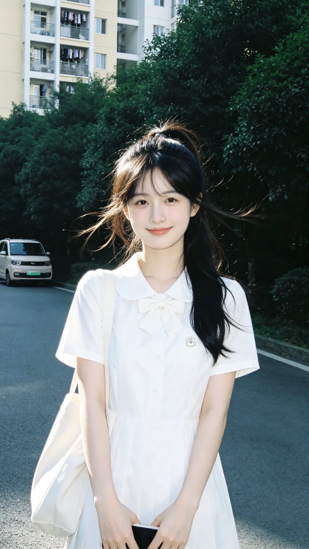 平视视角半身构图，9:16画幅，镜头高度与人物视线平齐。20岁东方女性...