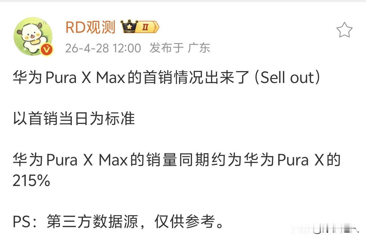 阿🌺PuraXMax首销表现非常强劲，首日销量约为上代PuraX的215%，市