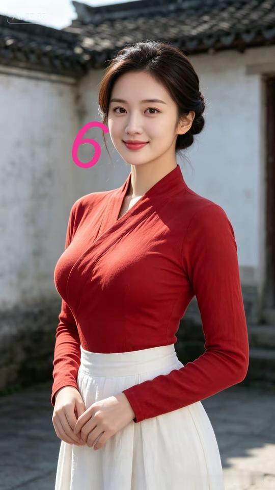 红衣白裙，古典优雅，宛如画中人。