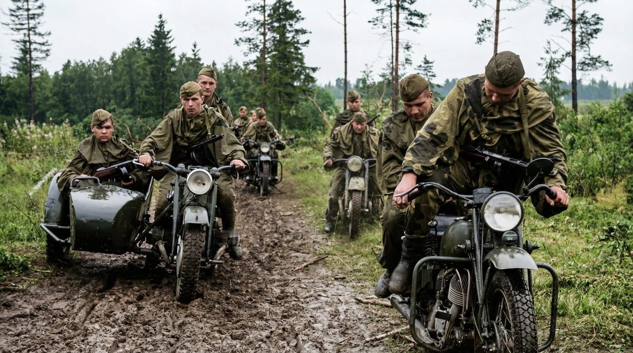 1942年，苏联境内勒热夫突出部周边，苏军摩托化部队士兵正在行进中！

这些军用