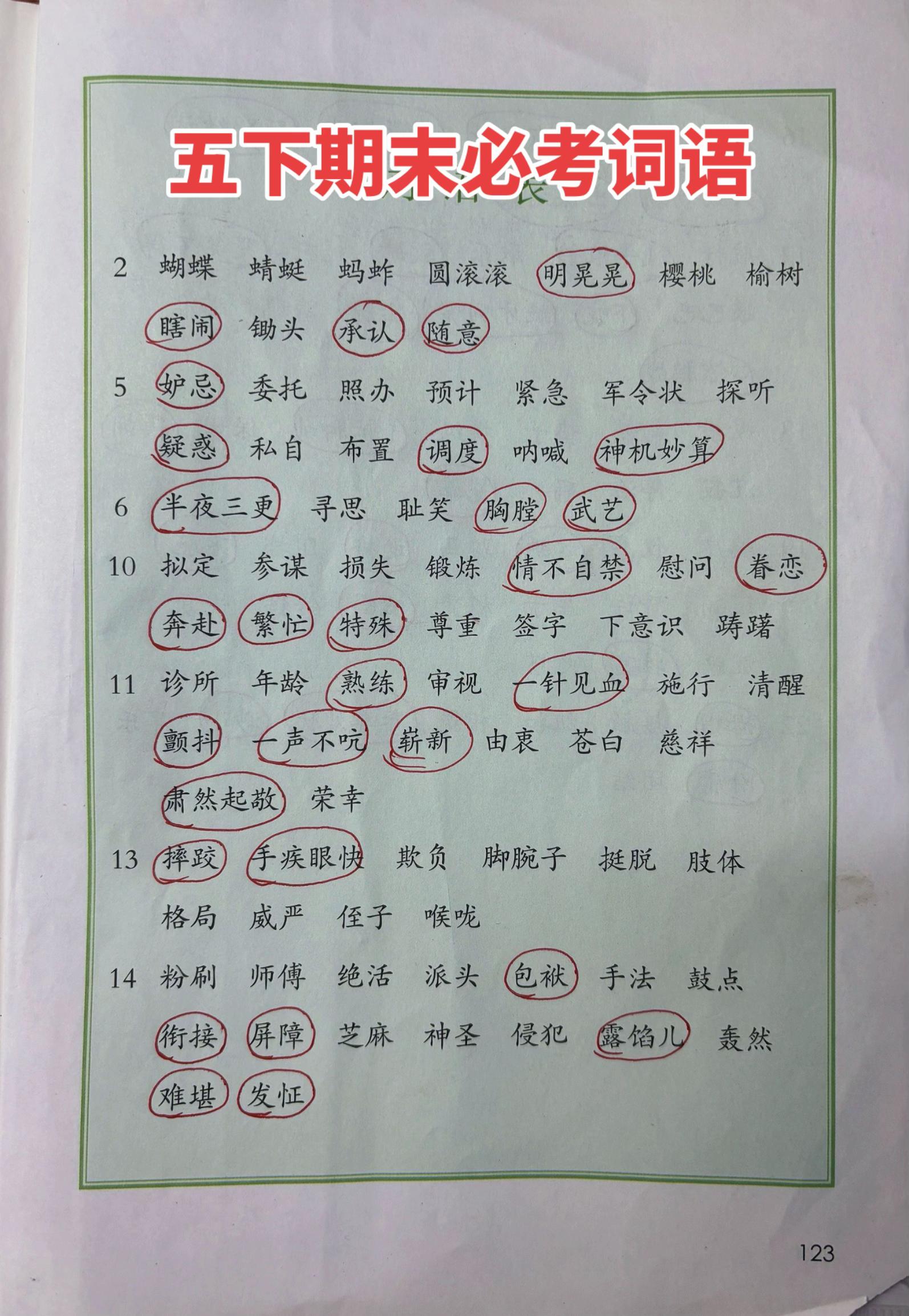 五年级下册语文期末必考词语🔥。这些词语都是考试中高频出现的词语，孩子...