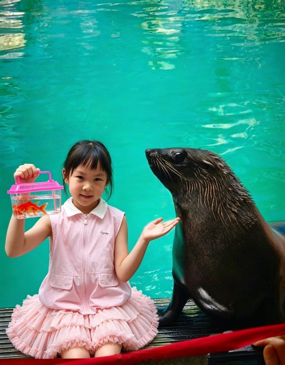 女儿要跟海狮合影，感谢Ai，立省50