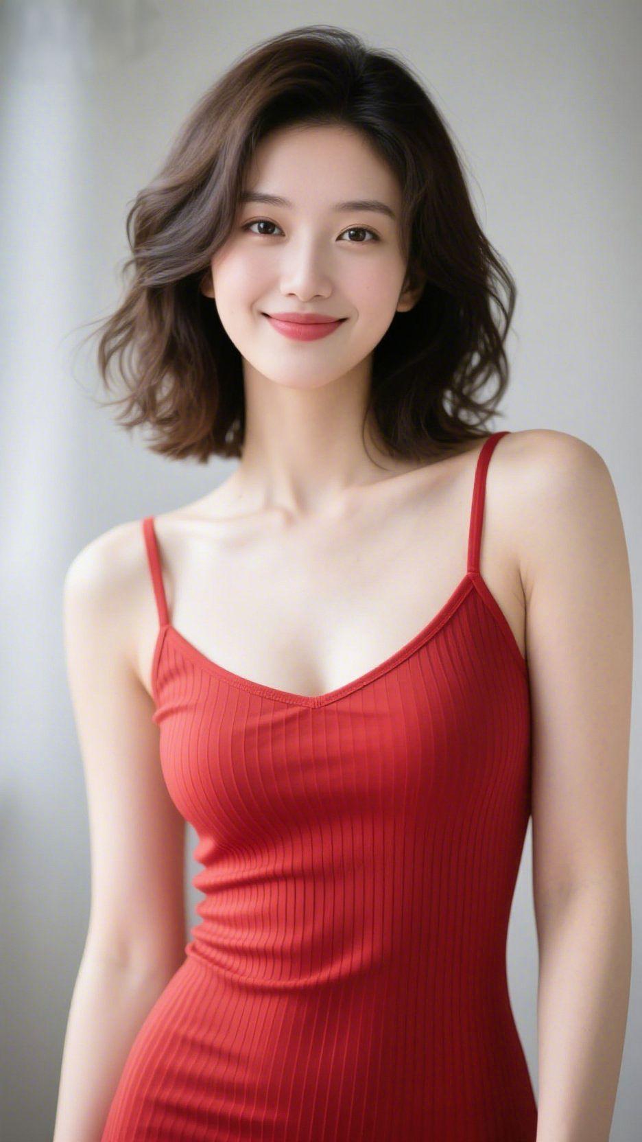 红裙漾温柔
 
竖纹红裙揉进浅灰的光影，像揉碎的焦糖，裹着一份慵懒的温柔。她眉眼