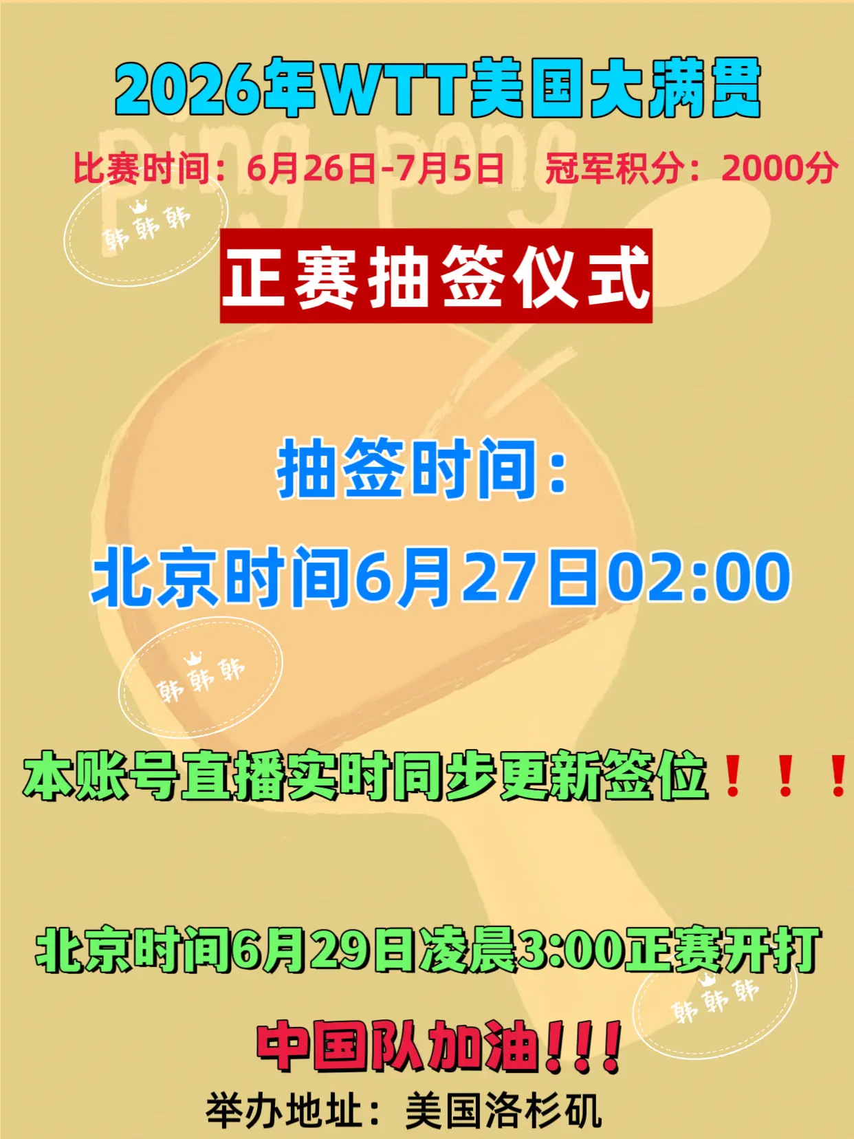 美国大满贯抽签仪式。北京时间6月27日凌晨02:00 记得订好闹钟⏰ ...