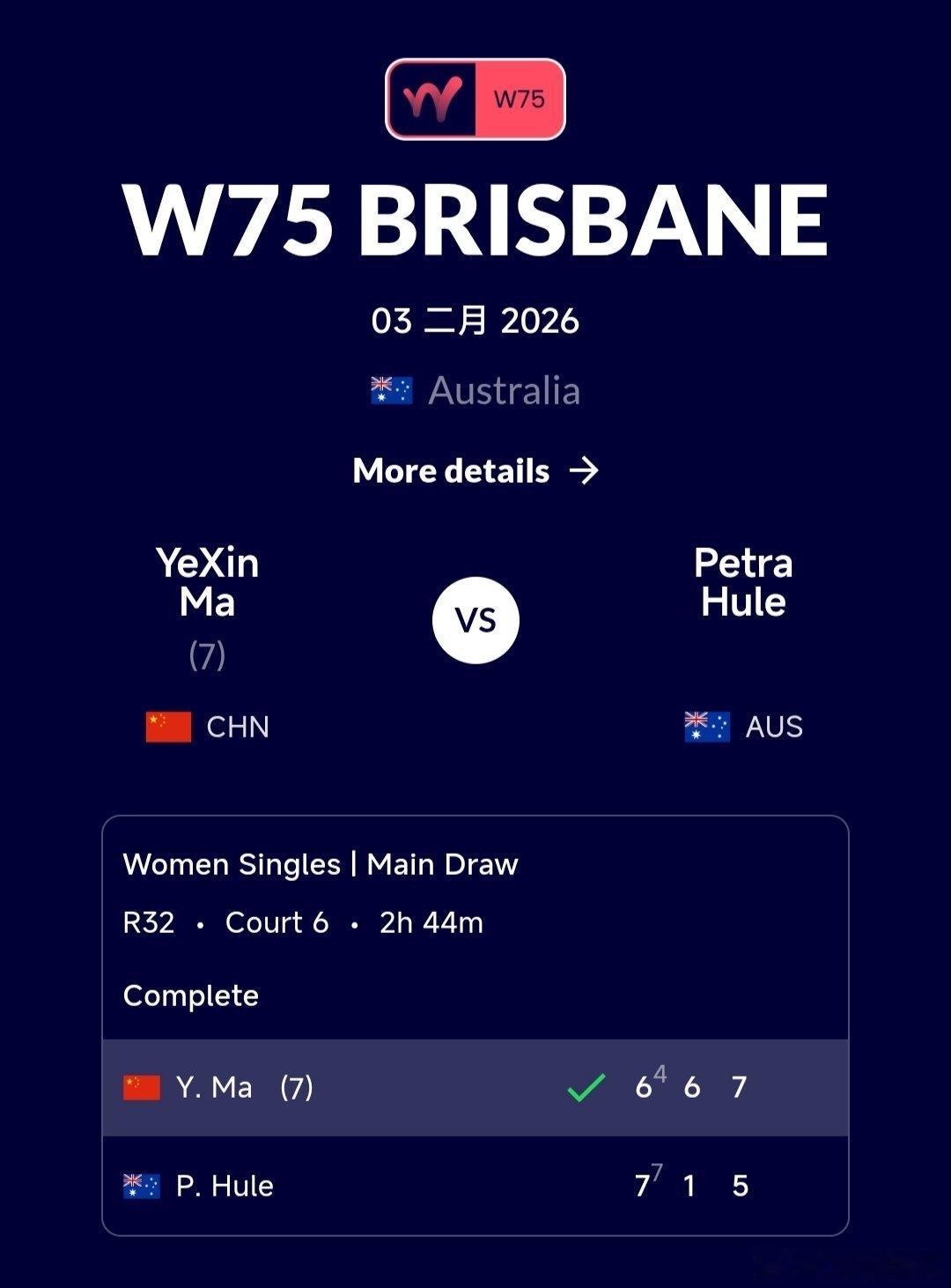 W75布里斯班站🇦🇺女单第一轮马烨欣🇨🇳6-7(4)/6-1/7-5战胜