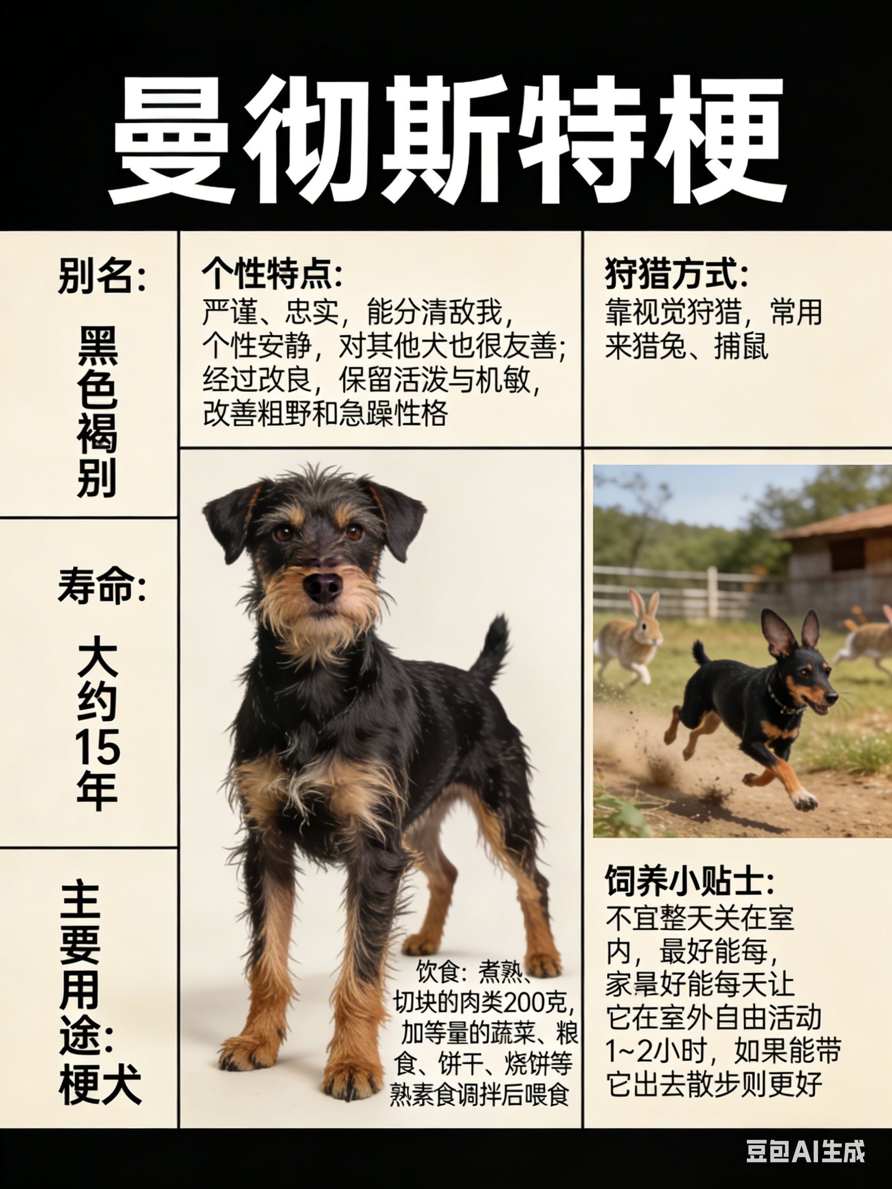 我AI的动物 曼彻斯特梗别名：黑色褐别寿命：大约15年主要用途：梗犬曼彻斯特梗个