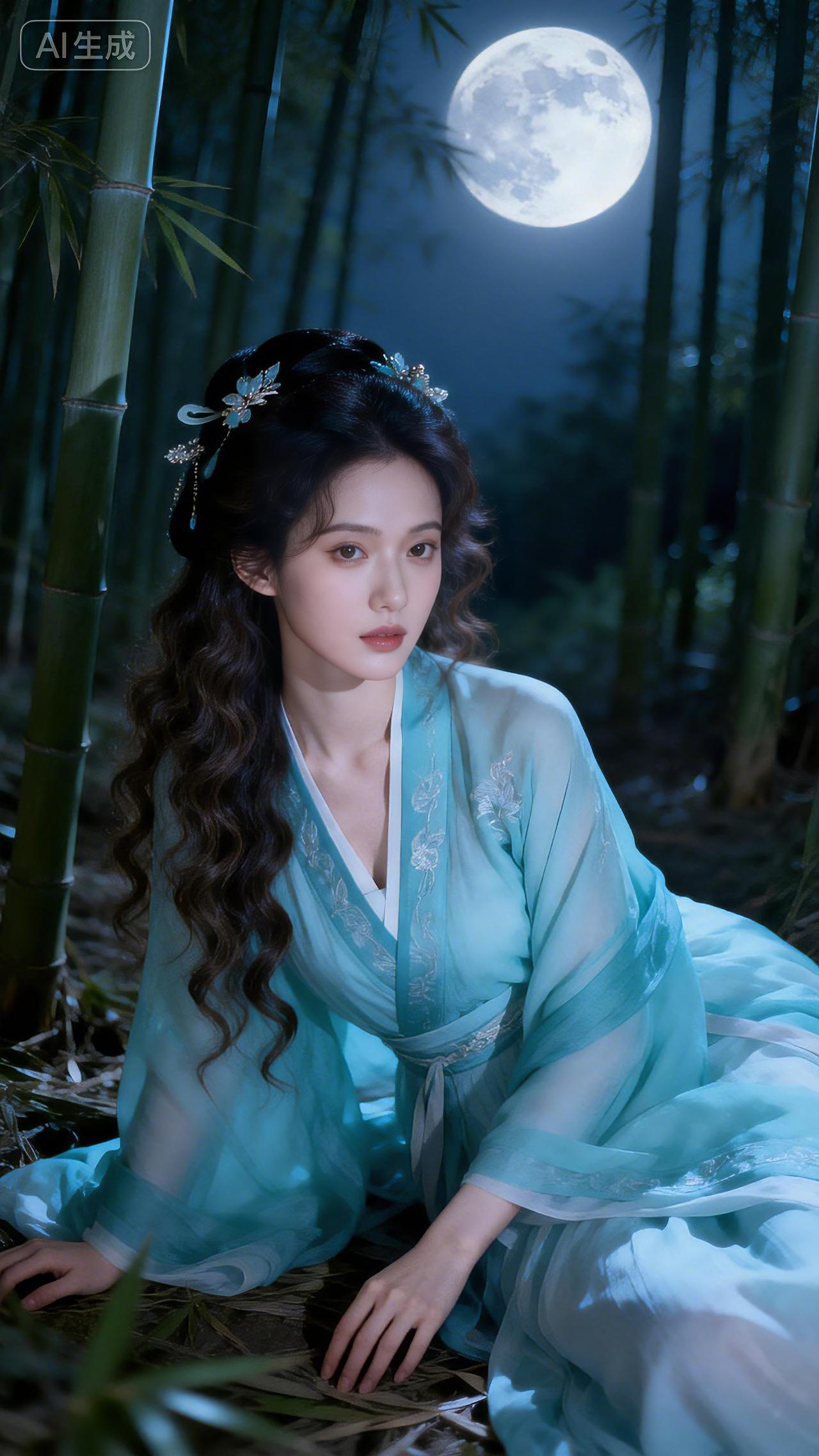 竹影婆娑月色凉，青裙玉立夜生香。