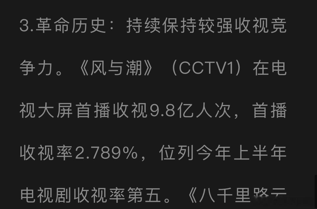 风与潮在电视大屏首播收视9.8亿人次，首播收视率2.789%，位列今年上半年电视