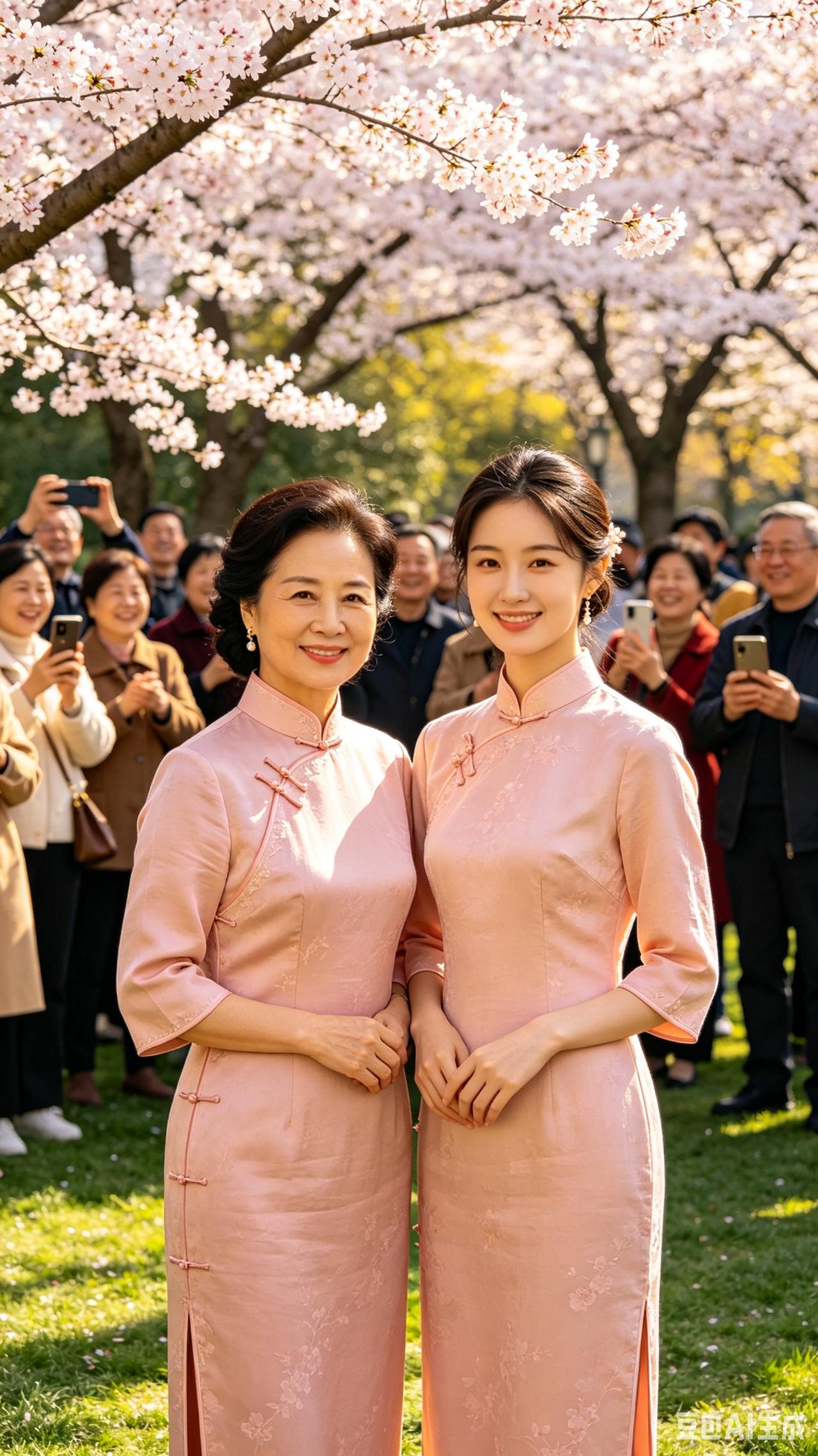 公园里有一对母女，妈妈五十五岁，姑娘二十岁。二人身着同款衣裳，皆是令人赏心悦目的