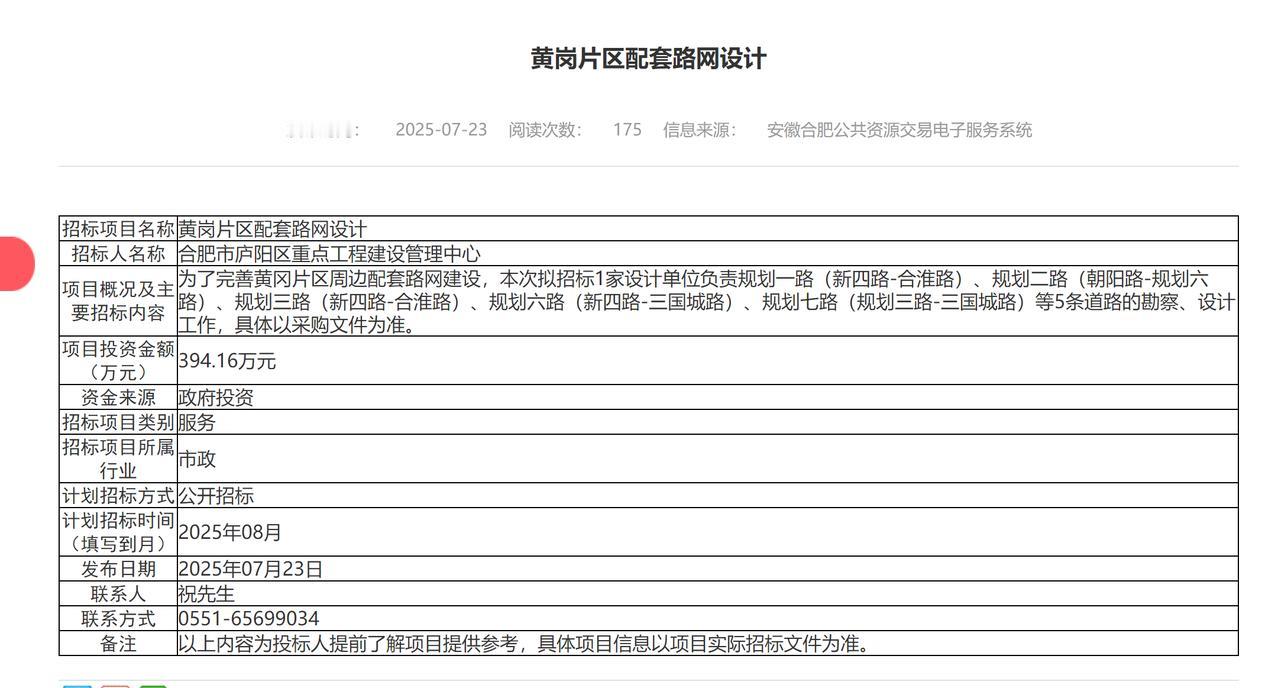 合肥庐阳区黄岗片区配套路网设计。这个地方是要建个黄岗科技产业园项目，承接合肥未来