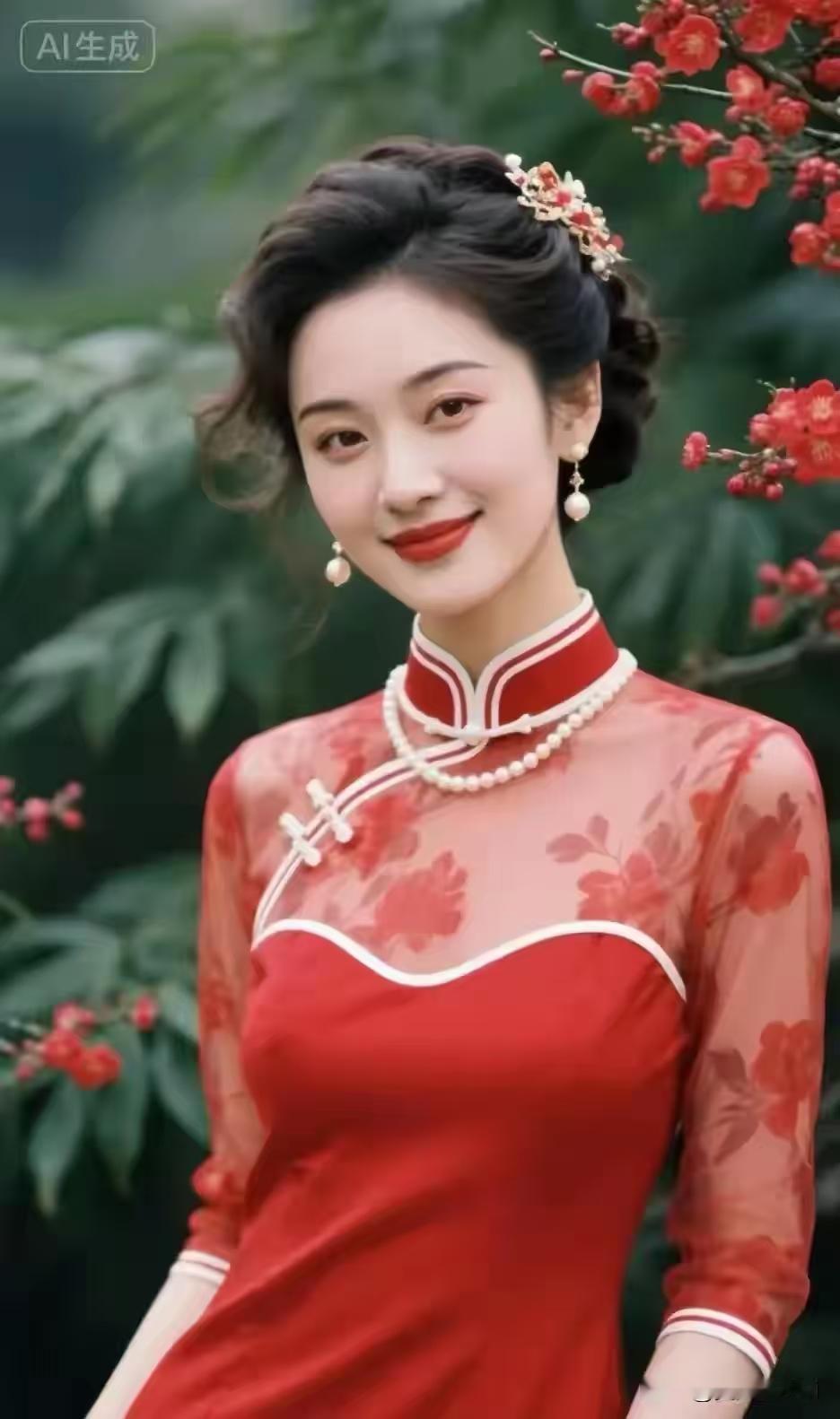 清江引·红妆旗袍美人
红绫裁影风姿秀，
钗映青丝瘦。
梅香伴韵流，
笑靥如波皱。