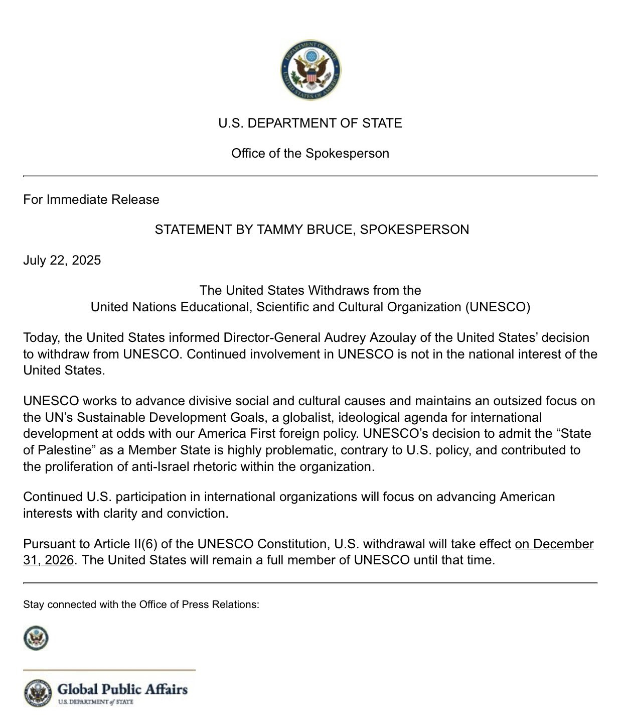 美国宣布退出联合国教科文组织 ，美国政府称该组织把巴勒斯坦纳入该组织，支持DEI