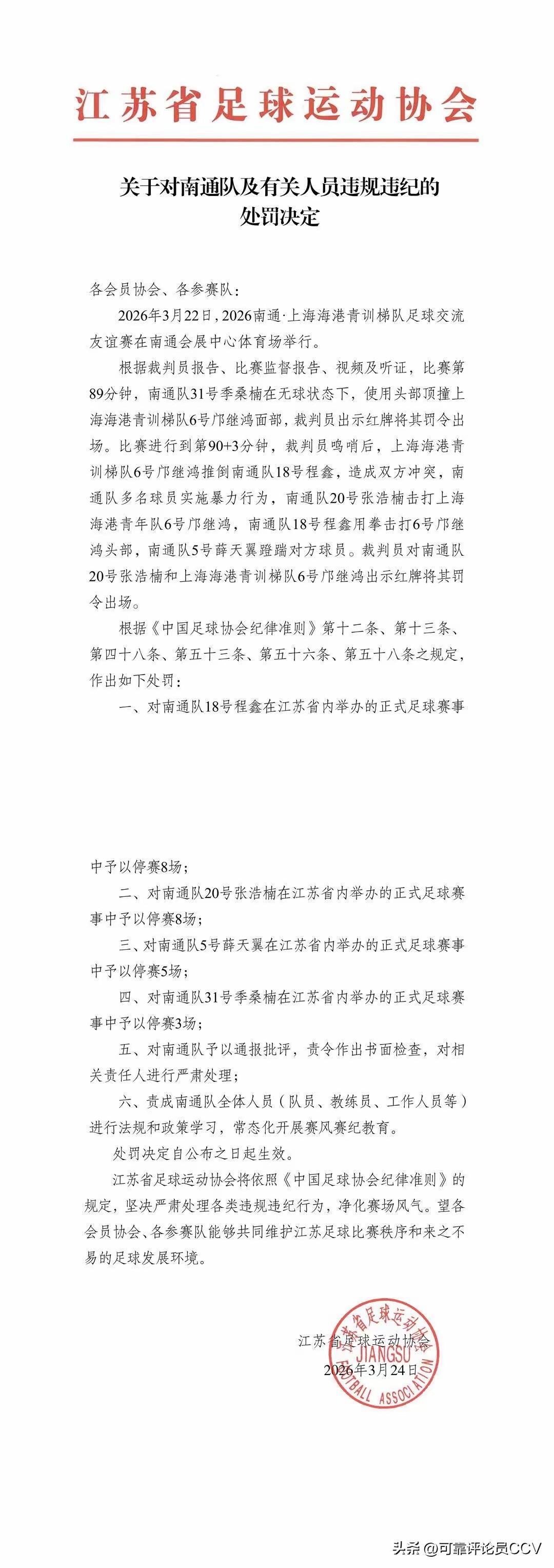 苏超还没开始，南通队被处罚
相关球员被停赛5-8场
苏超今年的冠军，又与南通无缘