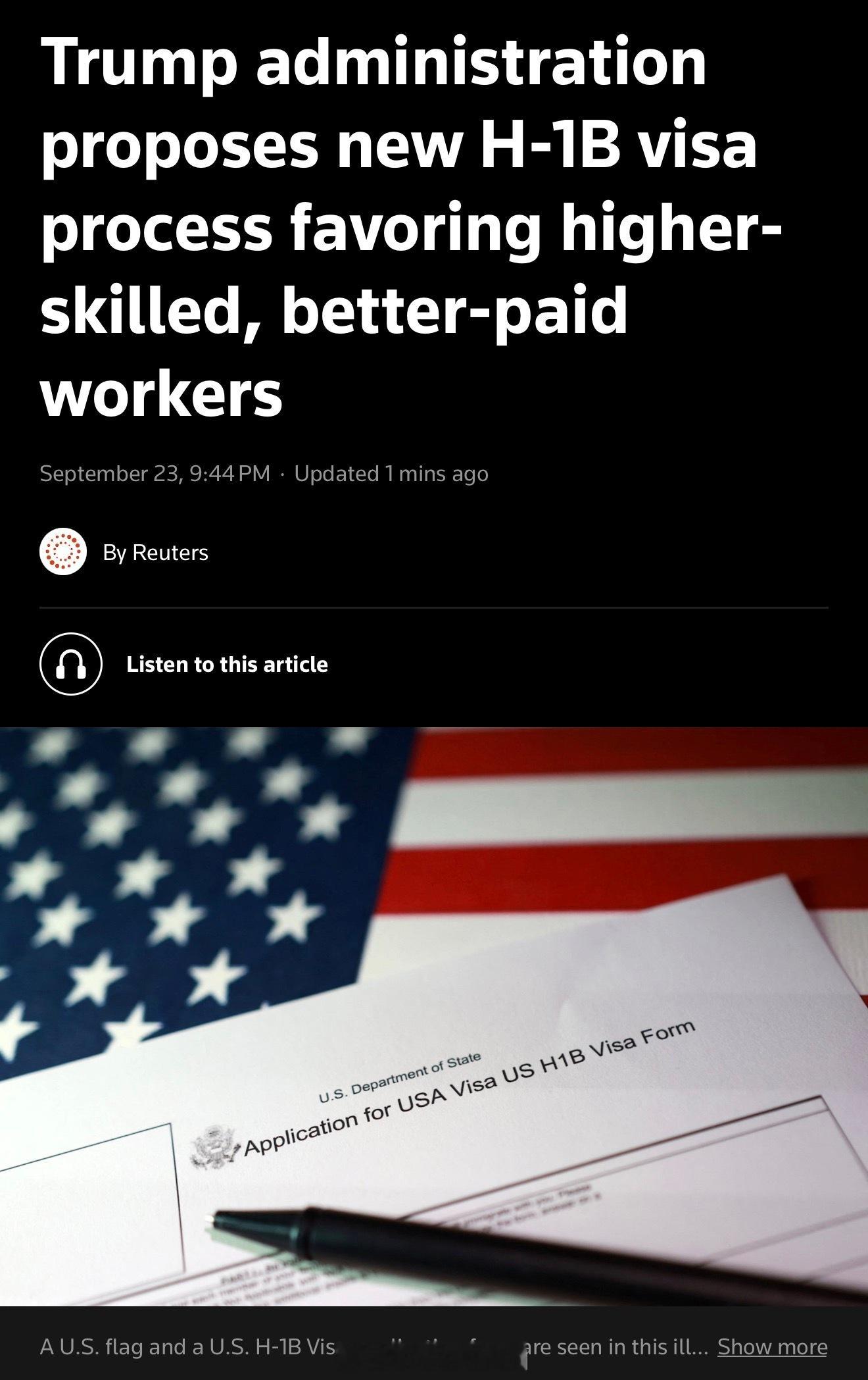 川普政府今天将公布了一项提案，调整 H-1B 签证的抽签流程，优先考虑技能更高、