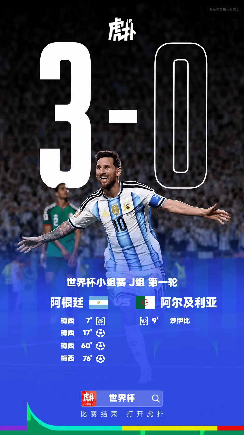 世界杯：阿根廷3-0阿尔及利亚，梅西戴帽并列历史射手王世界杯小组赛，阿根廷对阵阿