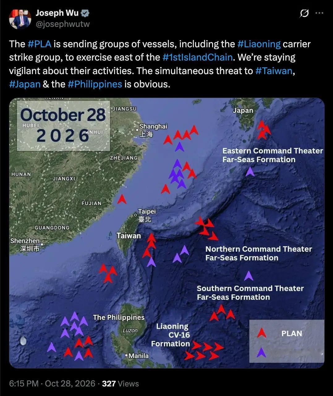 28日台“国安会”秘书长吴钊燮在社交账号发文，渲染所谓“区域威胁”，他写道：“解
