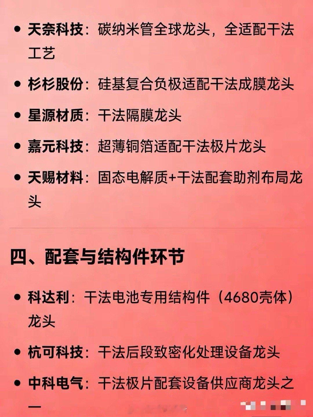马斯克干法电极电池概念相关标的梳理一、核心设备环节• 先导智能：全球干法电极整线
