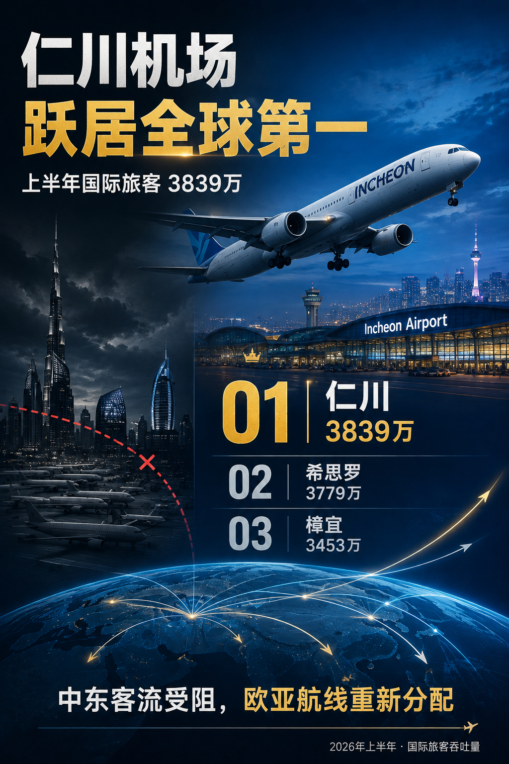 韩国仁川机场上半年国际旅客量升至全球第一伊朗战事正在改变全球航空客流的流向。据最
