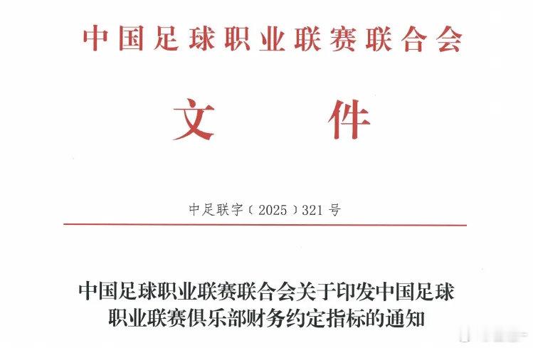 今天下午，中足联发布《中国足球职业联赛俱乐部财务约定指标》，明确规定了俱乐部总支