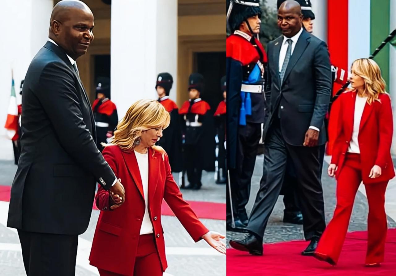 梅洛尼和莫桑比克总统丹尼尔身高看起来相差多少呢？
梅洛尼站在丹尼尔身边，看起来是