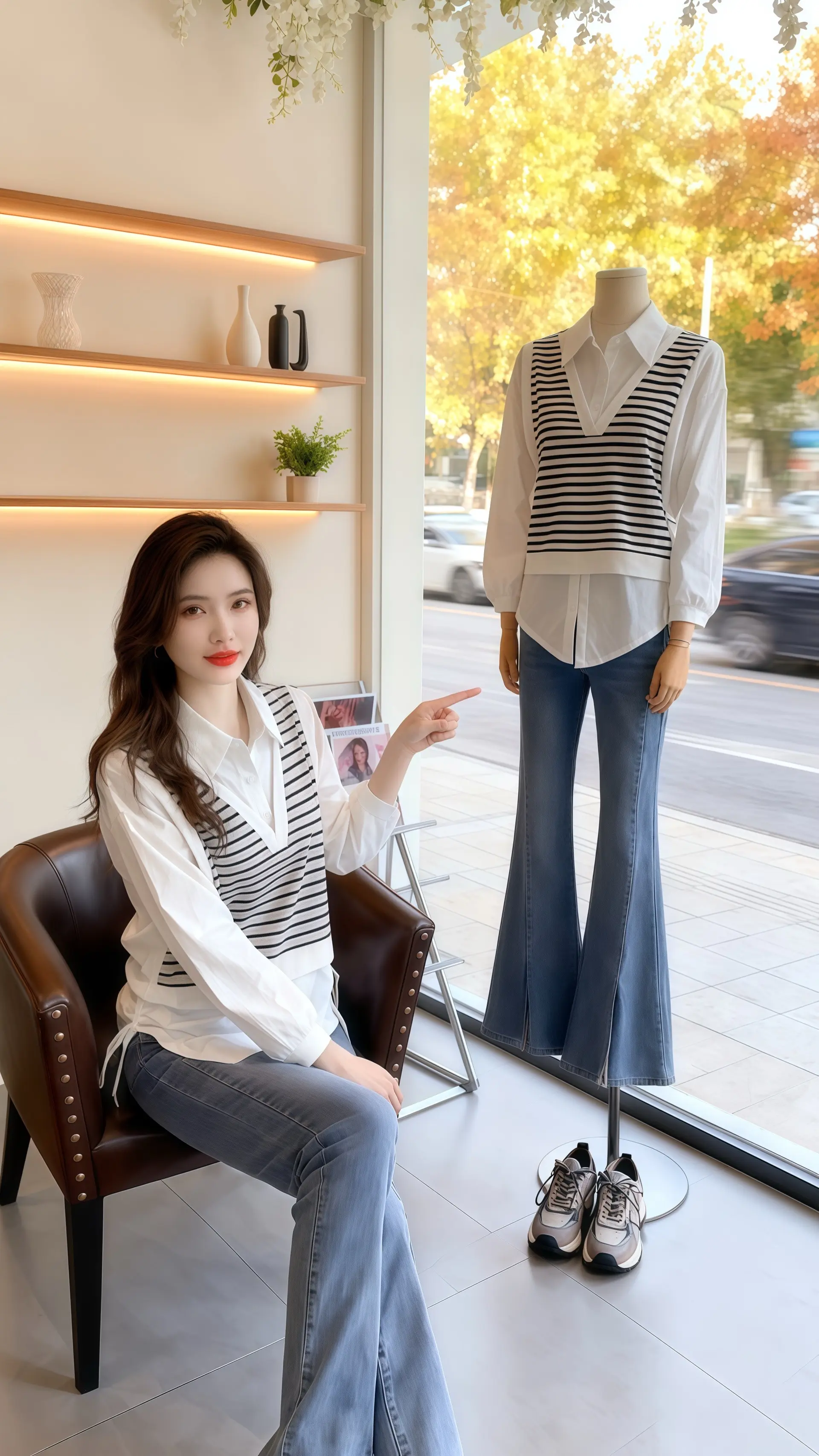 她穿着假两件条纹长袖衬衫，在秋日的温柔里演绎别样风格。黑白条纹的针织马...